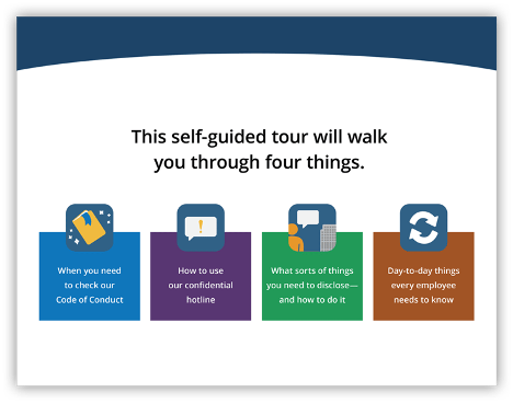 Illustration which mentions four things you will learn in self guided tour through training