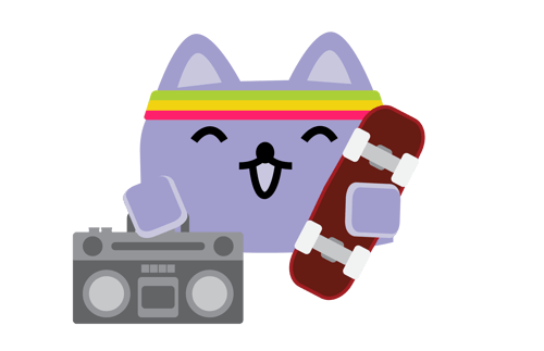 Broadcat wearing a sweatband and holding a skateboard and boom box.