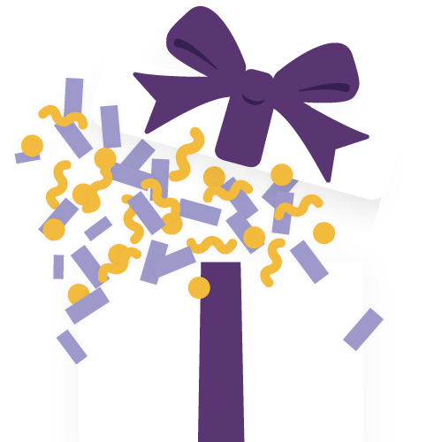 A wrapped present with confetti exploding from it. A wrapped present with confetti exploding from it.