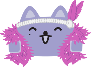 Broadcat wearing a feather boa and a pearl headband.