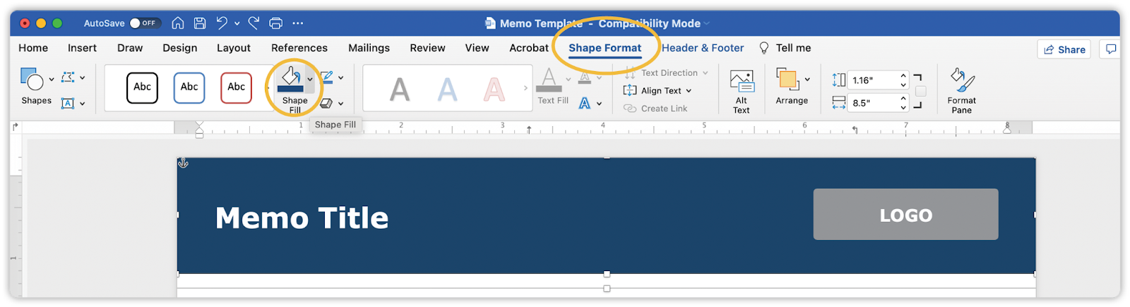 Shape format menu in Word