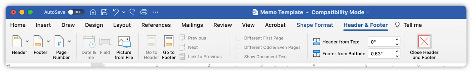 Header and footer menu in Word
