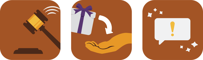 Icons of a mallet and gavel, a person receiving a present, and speech bubble containing an exclamation mark surrounded by sparkles.