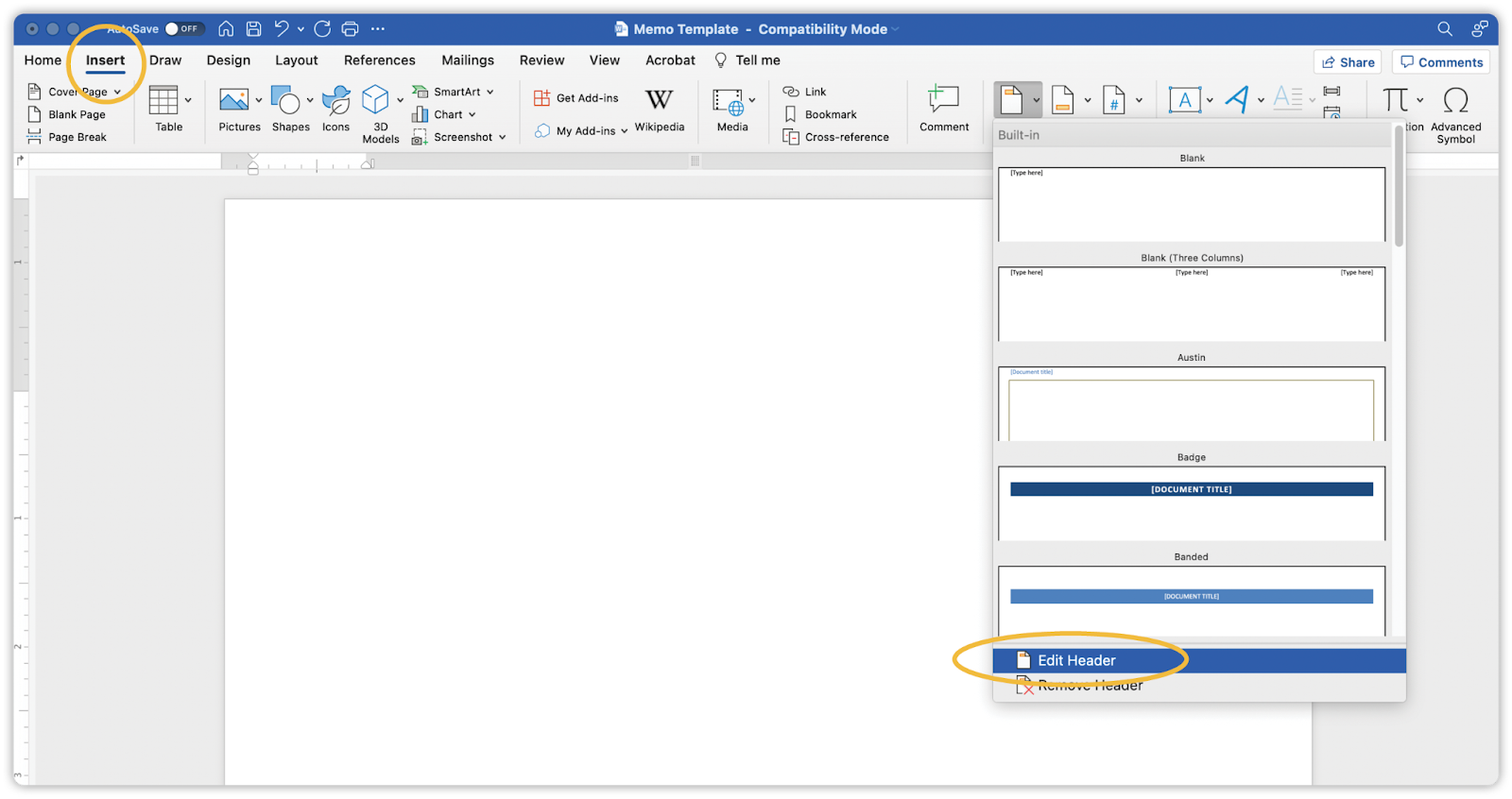 Example of header and footer in Word