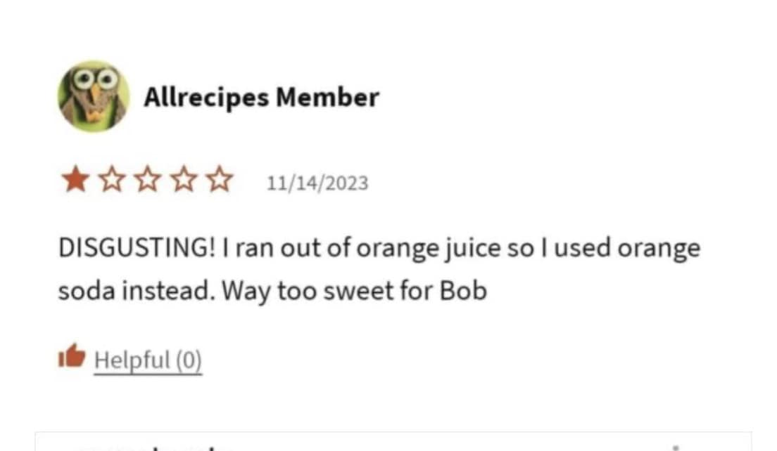 Image of a one-star recipe review because the cook substituted ingredients.